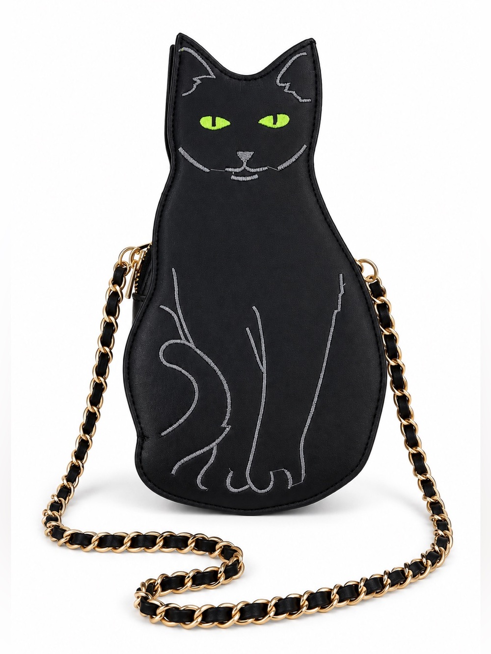 Black Cat Crossbody Purse Novelty Bag Green Eyes Gold Chain Witchy Halloween